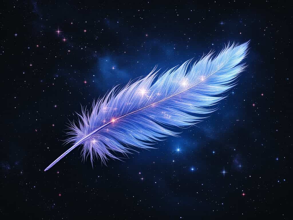 A mystical night sky with a large, transparent feather revealing hidden symbols and messages within the stars, illustrating the concept of decoding universal signs through feathers.