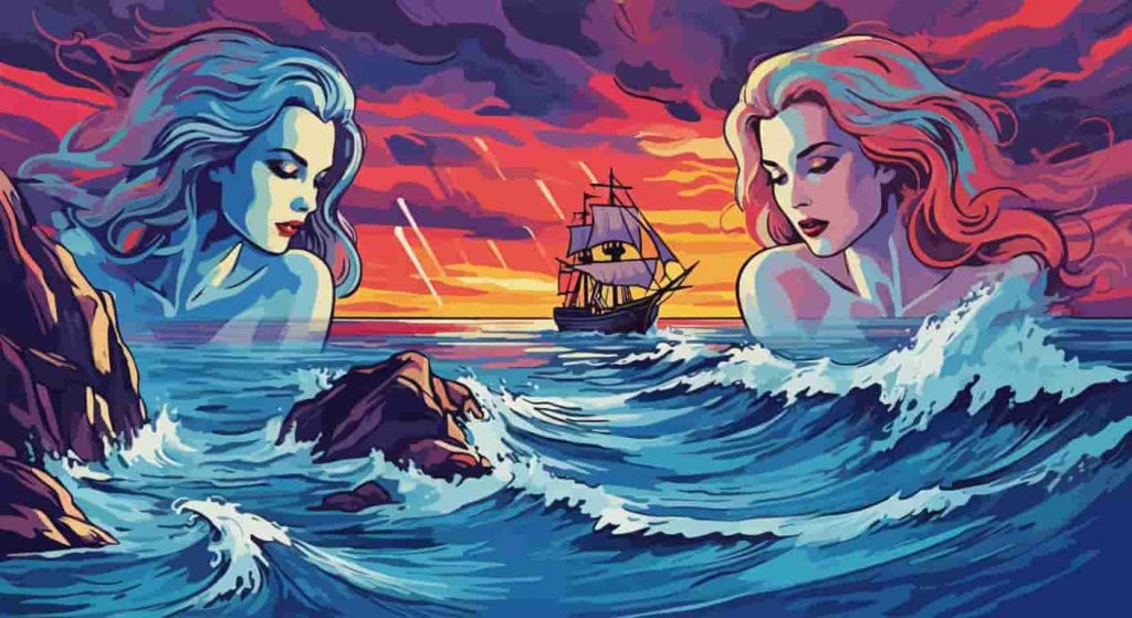 Dramatic ocean scene with a ship approaching treacherous rocks, ethereal siren figures in the foreground, illustrating the dangerous and seductive aspects of siren spiritual symbolism.