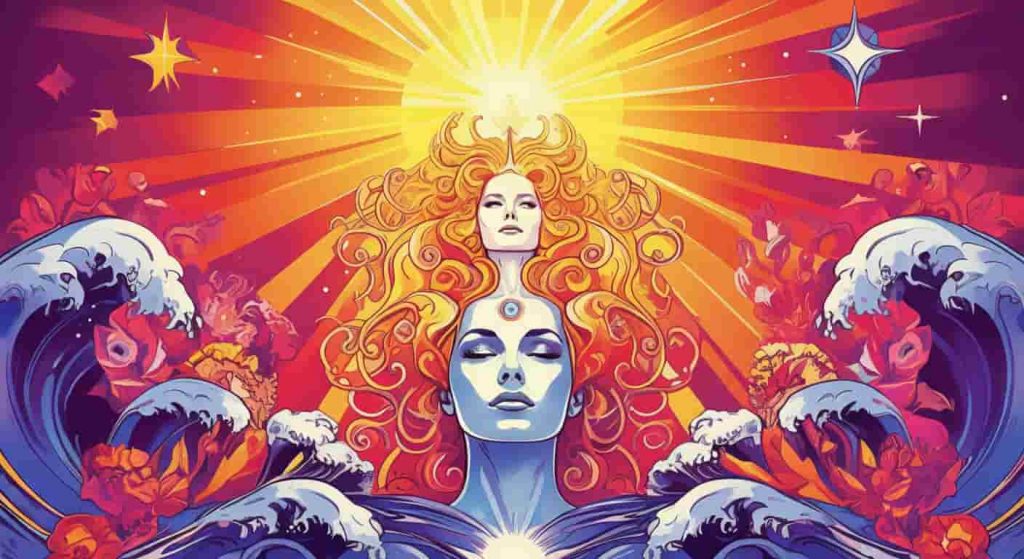 Powerful goddess-like siren figure emanating energy and light, surrounded by natural elements, representing the divine feminine and spiritual archetypes in siren symbolism.