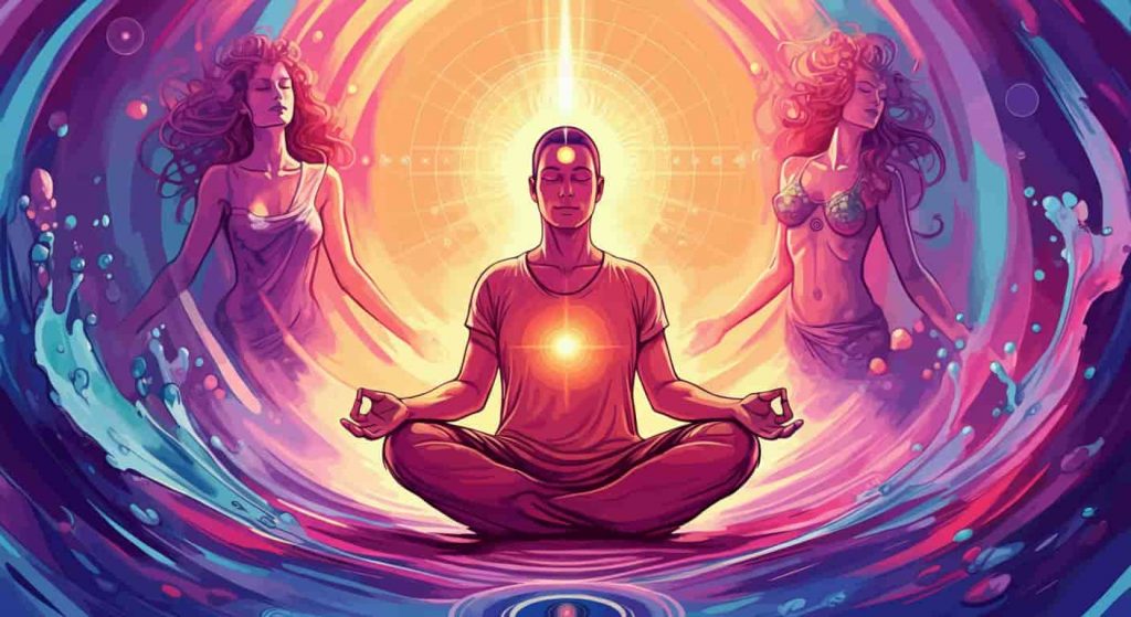 Person in meditative pose surrounded by a swirling aura with siren-like figures and intuition symbols, representing listening to inner wisdom in siren spiritual teachings.