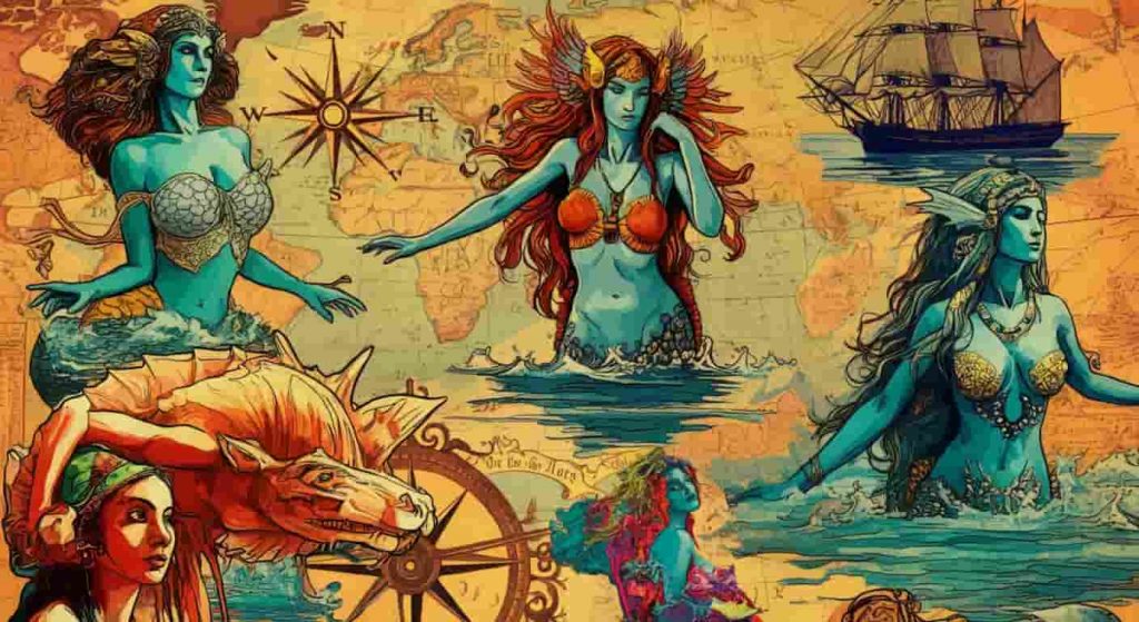 Collage of various cultural representations of sirens and similar mythical creatures on a vintage map background, illustrating the diverse mythological origins of siren lore.