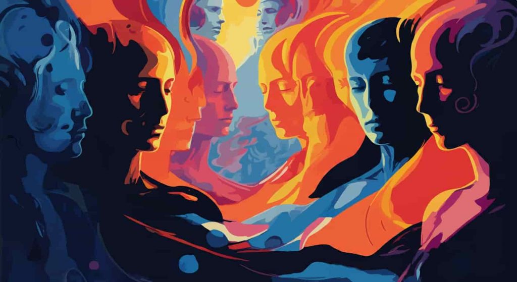 Abstract representation of the human psyche with siren figures emerging from shadows, illustrating psychological and archetypal interpretations of sirens in spiritual contexts.
