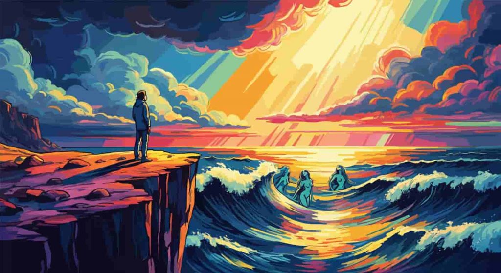 Person standing on a cliff edge overlooking a turbulent sea with faint siren figures, symbolizing the spiritual lessons and inner struggles associated with siren mythology.