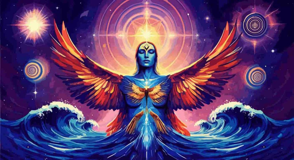 Symbolic representation of a siren with human and avian features, surrounded by spiritual symbols, illustrating the complex spiritual meanings associated with sirens.
