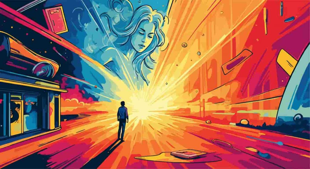 Surreal scene of a person drawn towards a mirage-like siren vision, transitioning from mundane to fantastical realms, illustrating the metaphorical dimensions of temptation in siren spirituality.
