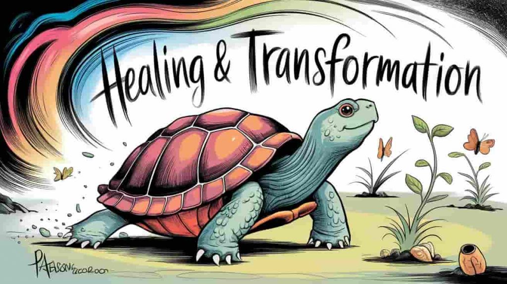 A snapping turtle shedding its old shell to reveal a vibrant, renewed self, surrounded by healing energy and symbols of personal growth and transformation.