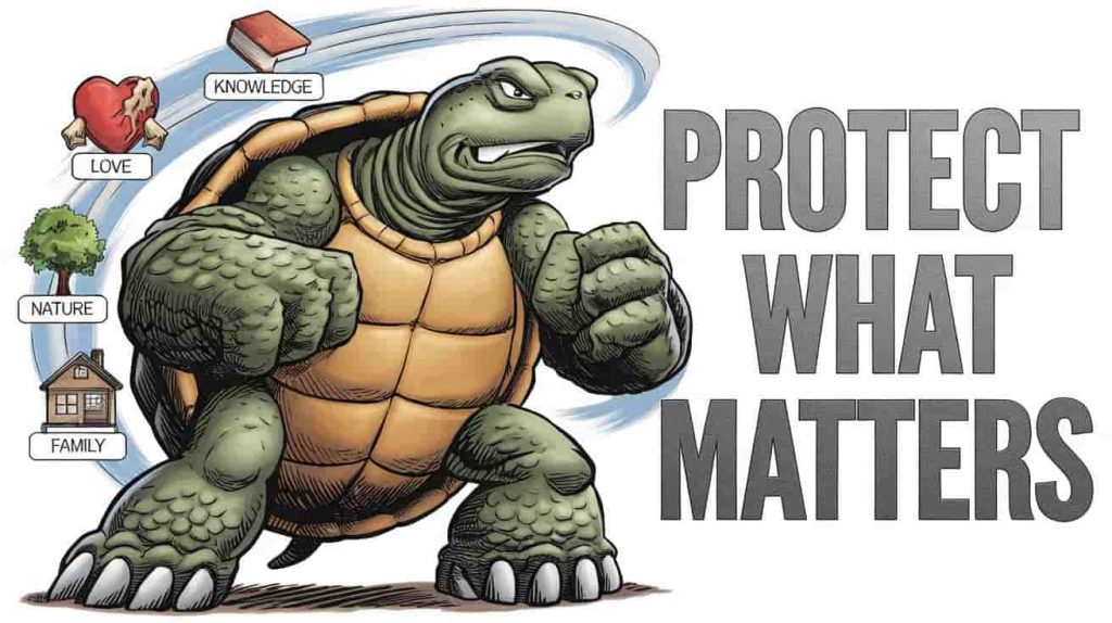 A powerful snapping turtle fiercely guarding a collection of precious items symbolizing different aspects of life, demonstrating the concept of protecting what truly matters.