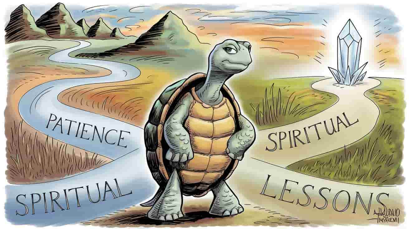 A wise-looking snapping turtle standing at a crossroads, with each path representing different life lessons such as patience, strength, and intuition.