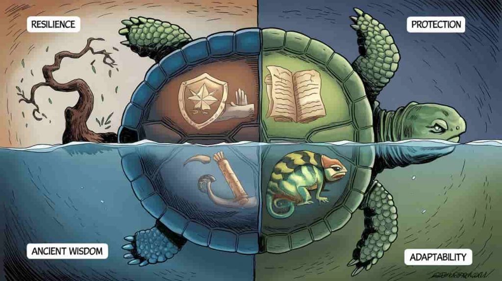 Illustration of a snapping turtle with its shell divided into sections, each depicting different spiritual symbols representing resilience, protection, wisdom, and adaptability.