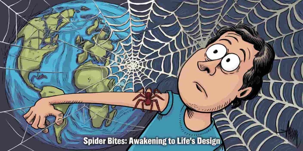 A cartoon of a person with a spider bite on their arm, their eyes wide open in realization. The background is a world transforming into a complex web structure. The text "Spider Bites: Awakening to Life's Design" is at the bottom.