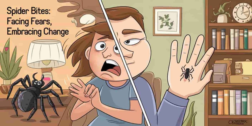 A split image showing a person recoiling from a spider and then calmly observing a spider bite, symbolizing facing fears and embracing change through spider bite experiences.
