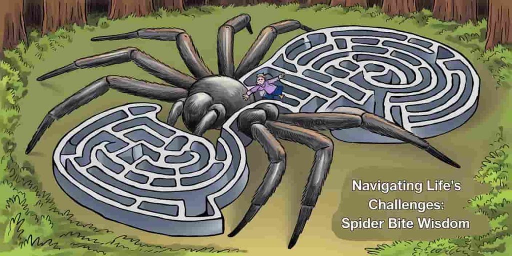 A person navigating through a spider-shaped maze with walls made of spider silk, symbolizing overcoming life's intricate challenges using spider bite wisdom.