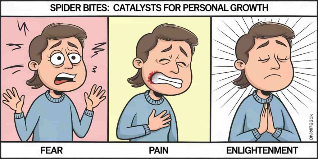 A cartoon series of a person's transformation after a spider bite. The first panel shows the person in fear, with eyes wide open and hands raised. The second panel shows the person in pain, with a hand on their chest and a grimace. The third panel shows the person in enlightenment, with eyes closed and hands in prayer position. The text "Spider Bites: Catalysts for Personal Growth" is at the top.