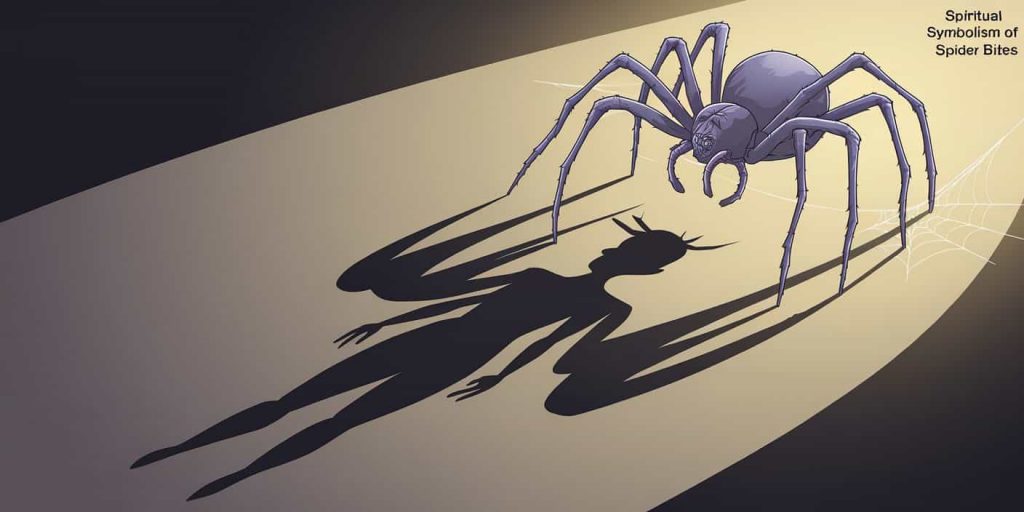 A cartoon of a spider casting a shadow of a human silhouette, symbolizing personal transformation. The background is a gradient from dark to light, representing the journey from fear to understanding. The text "Spiritual Symbolism of Spider Bites" is in the upper right corner.