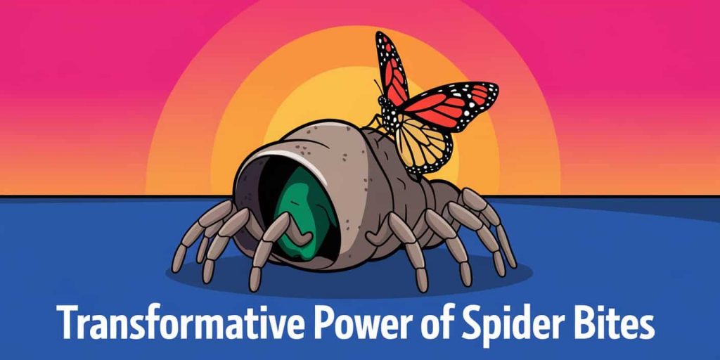 An illustration of a cartoon butterfly emerging from a cocoon resembling a spider's body. The cocoon has multiple legs and a spider's head. The background is a vibrant sunrise with orange and pink hues. The text "Transformative Power of Spider Bites" is overlaid at the bottom of the image.