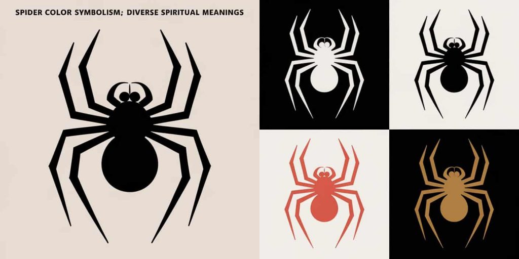four sections showing black, white, red, and golden spiders on webs, with text "Spider Color Symbolism: Diverse Spiritual Meanings" comparing different spider colors.