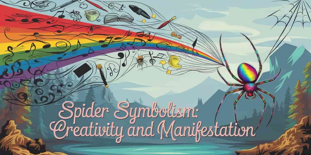 A rainbow-colored spider spinning a web that transforms into creative objects like paintbrushes, musical notes, and books. The text "Spider Symbolism: Creativity and Manifestation" is overlaid in an artistic font.