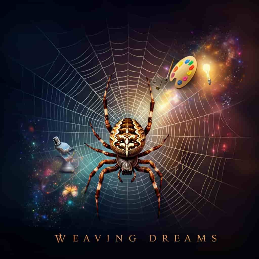 A spider spinning a web that transforms into various creative objects, symbolizing the spiritual meaning of creativity and manifestation associated with house spiders.