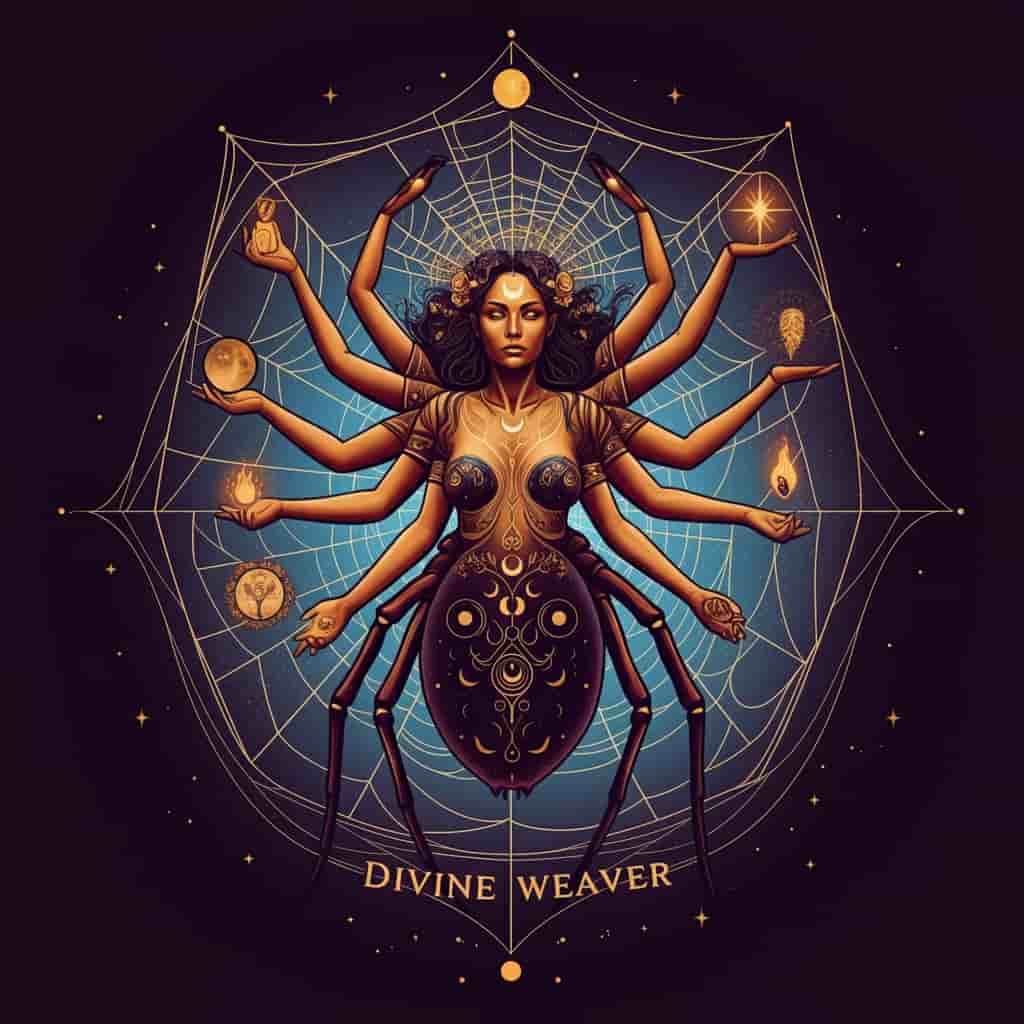 A spider goddess figure surrounded by intricate webs, representing the connection between spiders and divine feminine energy in spiritual interpretations.