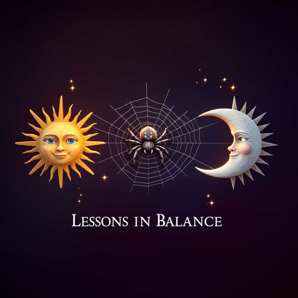 A spider balancing on its web between sun and moon symbols, illustrating the spiritual lesson of balance from house spiders.