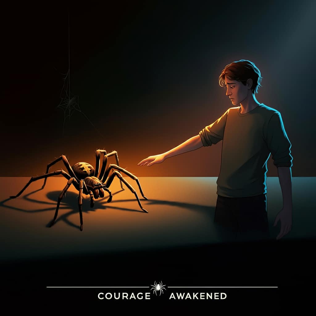 A person confidently extending their hand towards a spider, symbolizing the spiritual lesson of facing fears with courage.