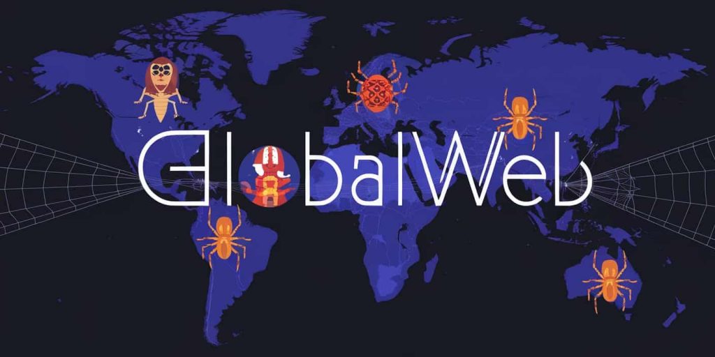 A world map at night showing various cultural depictions of spiders connected by a web, illustrating diverse cultural perspectives on nighttime spider sightings.
