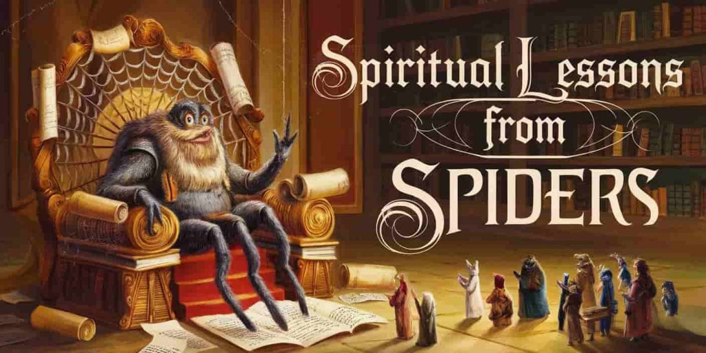 A wise, anthropomorphized spider on a web-themed throne, surrounded by scrolls and books, teaching to a gathered audience of animals and humans. The text "Spiritual Lessons from Spiders" is overlaid in an ornate font.