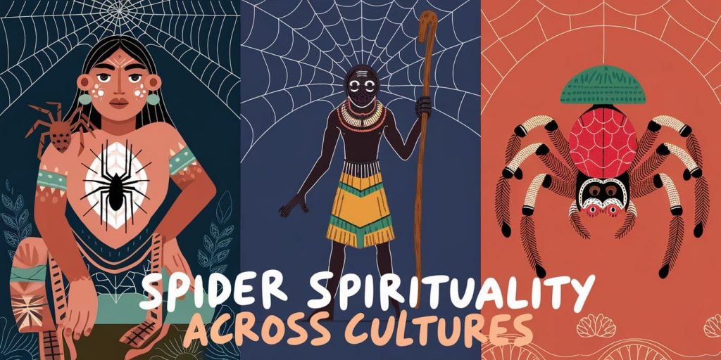 A triptych image showing Native American Spider Woman, African Anansi, and a Chinese good luck spider, each with distinct cultural motifs. The text "Spider Spirituality Across Cultures" is overlaid in a multicultural font style.