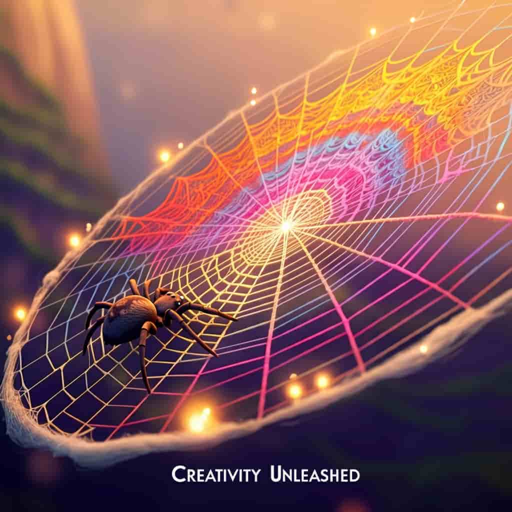 A spider spinning a colorful, mandala-like web, representing creativity and manifestation as spiritual meanings of spiders in houses.
