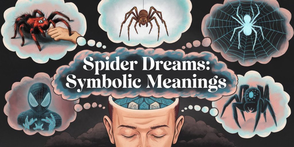 A dreaming person with thought bubbles showing various spider-related dream scenarios in a surreal style. The text "Spider Dreams: Symbolic Meanings" is overlaid in a cloud-like font.