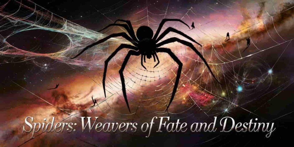 A giant spider weaving a colorful web across a cosmic background with galaxies and nebulae. Human silhouettes are visible in the web, with the text "Spiders: Weavers of Fate and Destiny" overlaid in starry font.