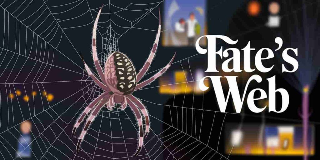 A spider weaving a shimmering web at night, with faint images of life events in the background, symbolizing the weaving of fate and destiny.