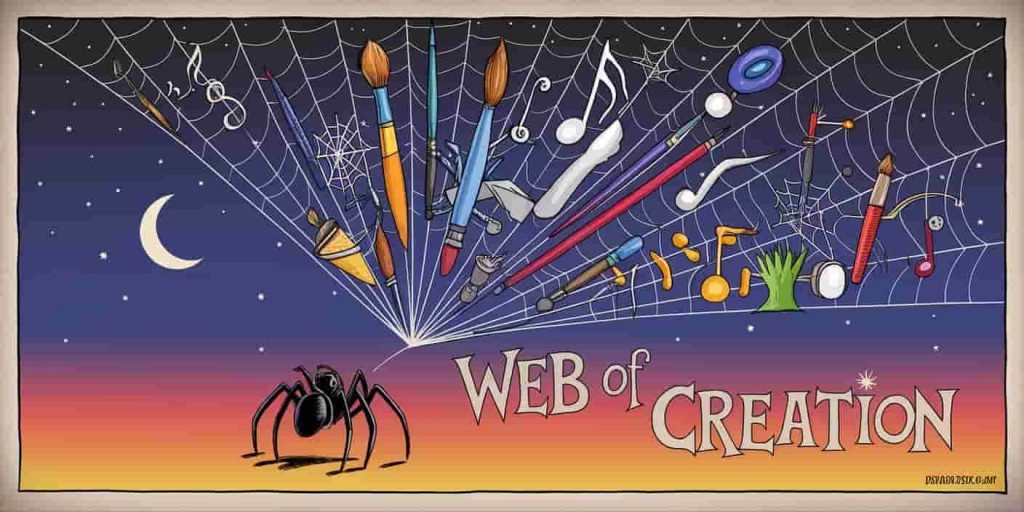 A spider's web transforming into symbols of creativity against a night sky, showcasing the spider's role in creative power and manifestation.