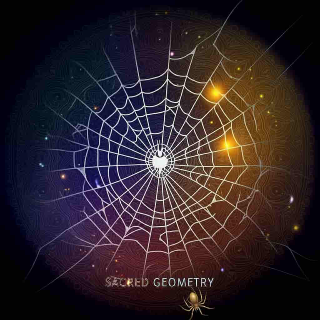 A detailed spider web design overlaid on a mandala pattern, illustrating the spiritual significance and sacred geometry of spider webs.