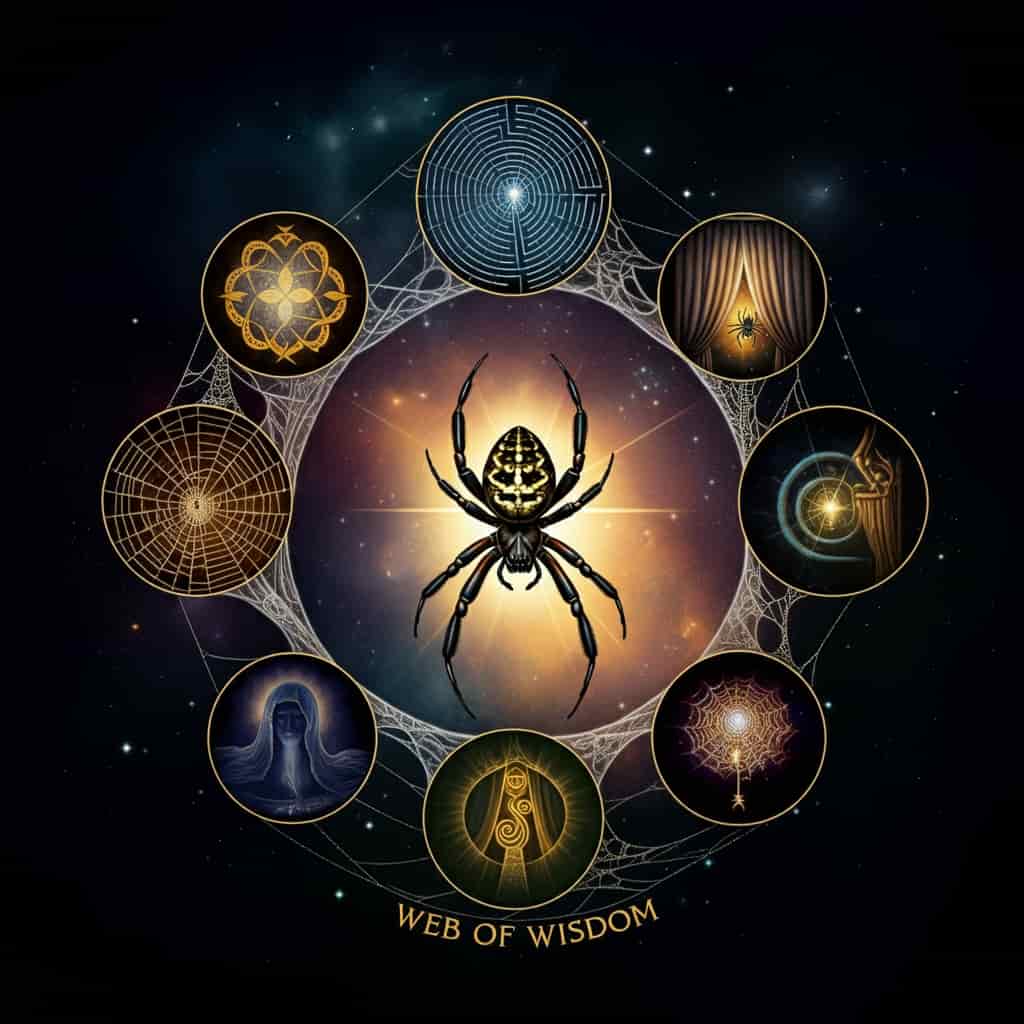 Various spider web patterns with corresponding spiritual symbols, illustrating the different spiritual meanings associated with spider web designs.