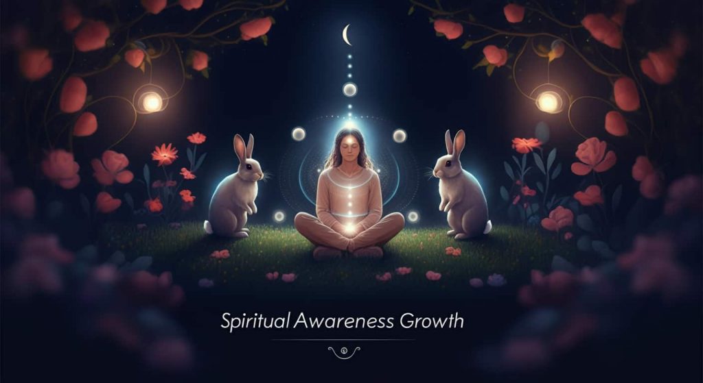 A person sitting peacefully in a nighttime garden surrounded by rabbits, with subtle auras suggesting spiritual connection. Natural elements symbolize growth and awareness, illustrating how rabbit encounters can enhance spiritual awareness.