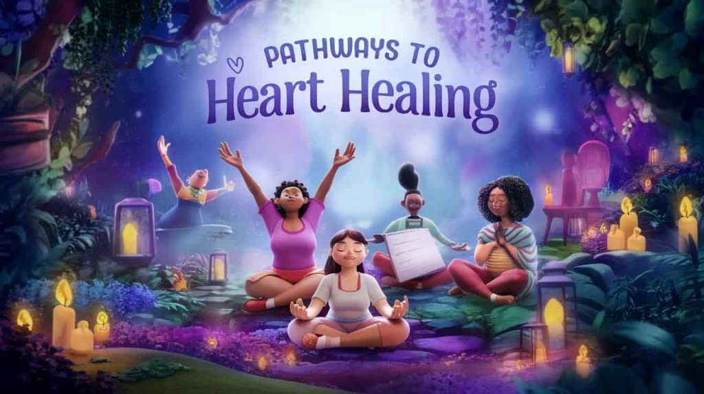 A Pixar-style 3D cartoon of people in a mystical garden engaging in various healing activities, illustrating spiritual healing approaches for chest pain.