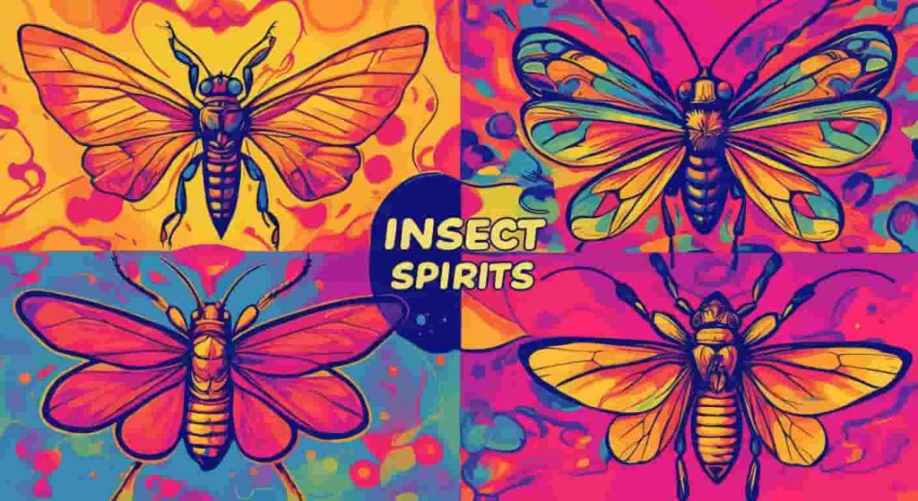 A quadrant pop art illustration comparing four spiritual insects with psychedelic patterns in Peter Max style, highlighting their symbolic meanings.