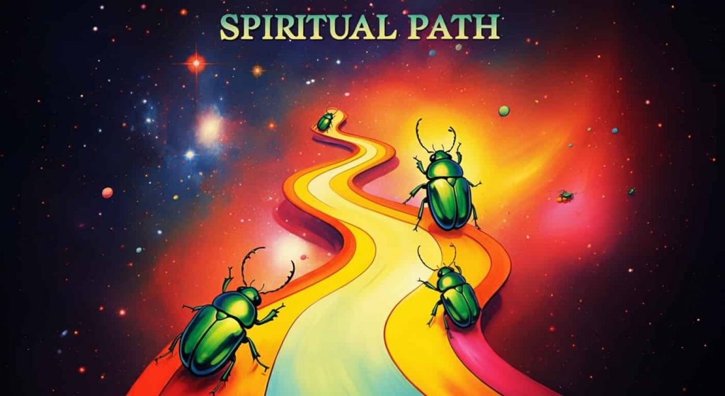 A pop art depiction of a spiritual journey as a winding path with a green beetle growing larger at various points, set against a vibrant cosmic background in Peter Max style.