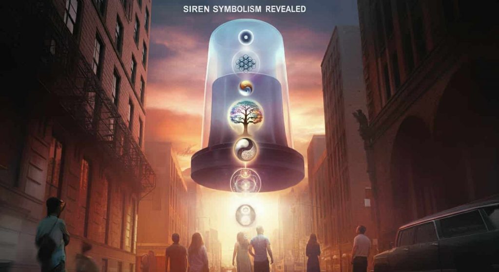 A ghostly siren floating above a city, emitting sound waves that transform into spiritual symbols, with people below looking up in realization, and the title "Siren Symbolism Revealed" in the sky.