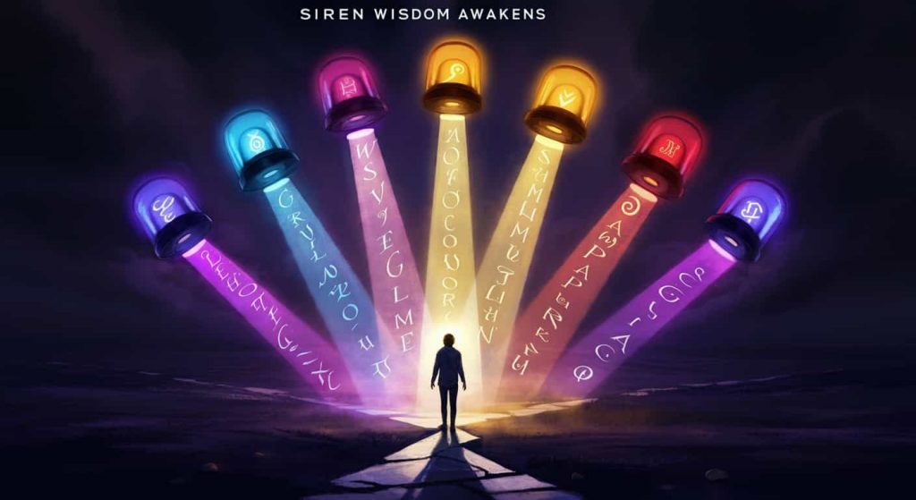 A person at a crossroads surrounded by colorful, ethereal sirens projecting beams of light with spiritual lessons, the person's posture suggesting enlightenment, with the title "Siren Wisdom Awakens" above.