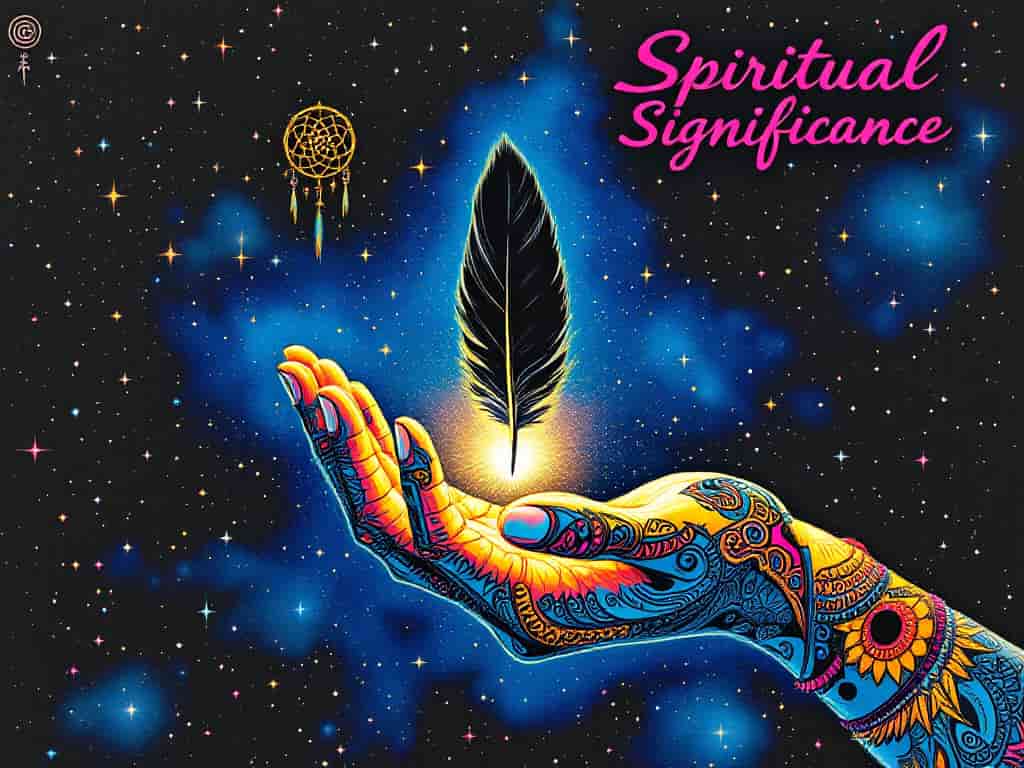 A hand holding a single black feather against a starry night sky, with cultural symbols floating in the background and a golden glow surrounding the feather. The title "Spiritual Significance" appears in the corner.