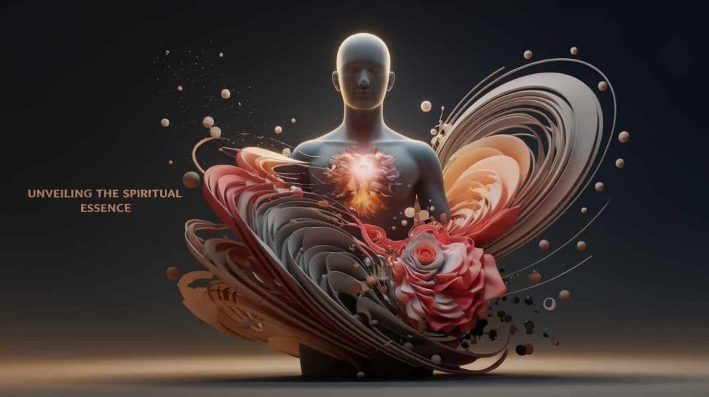 A 3D ukiyo-e inspired artwork showing a human silhouette with a glowing chest, surrounded by swirling energy patterns, representing the spiritual significance of chest pain.