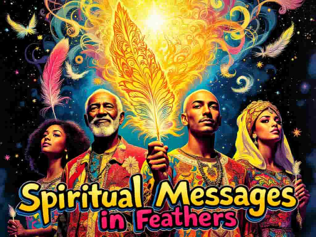 Diverse group of people holding various feathers with an ethereal light above, representing the spiritual significance of unexpected feather finds across cultures.