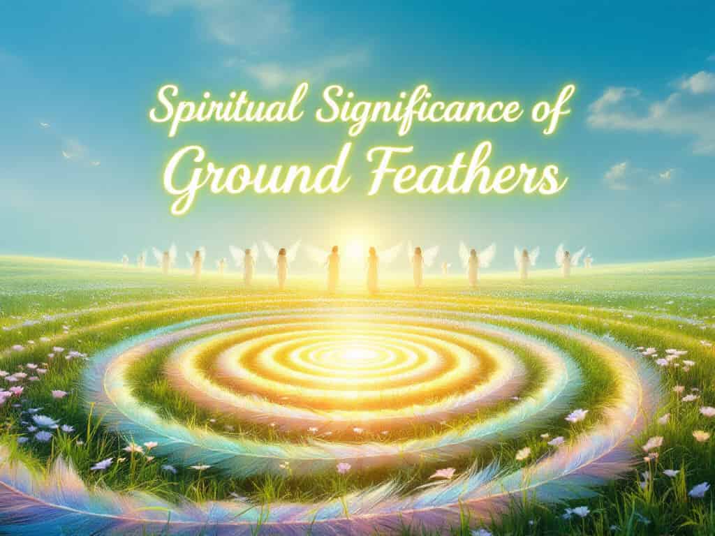 A spiral arrangement of feathers on the ground leading to a glowing center, with ethereal spiritual figures in the background, representing the divine connection of found feathers.