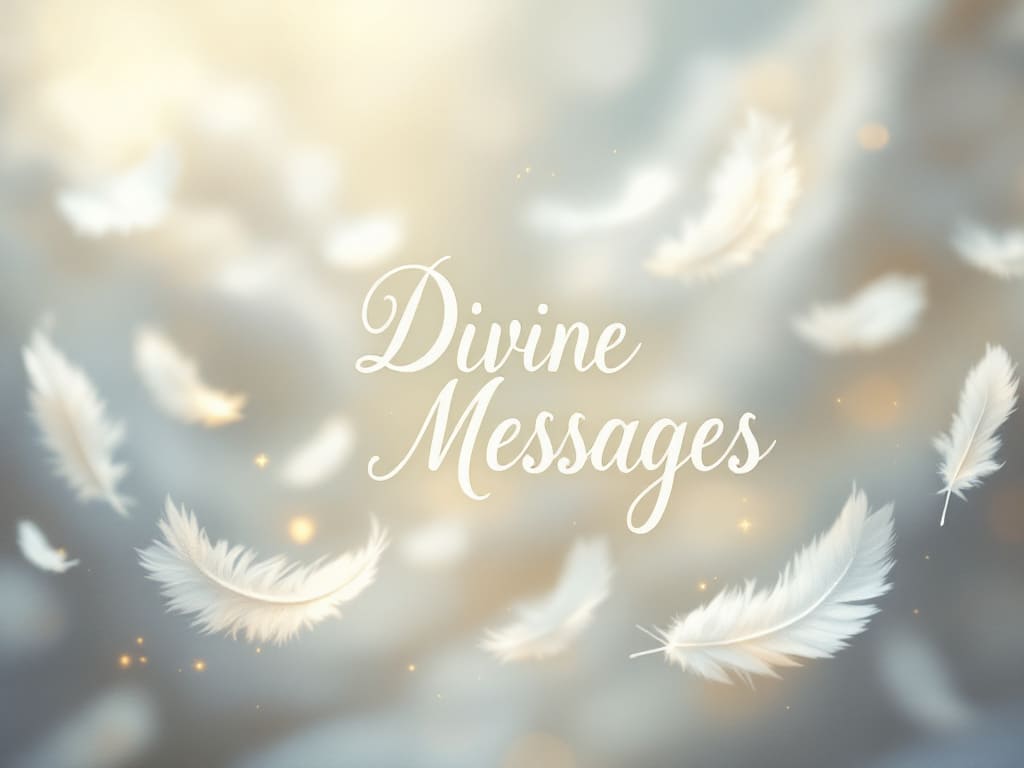 Multiple small white feathers falling against a background with faint angelic wings, surrounded by a golden glow, representing the spiritual significance and divine messages associated with these feathers.