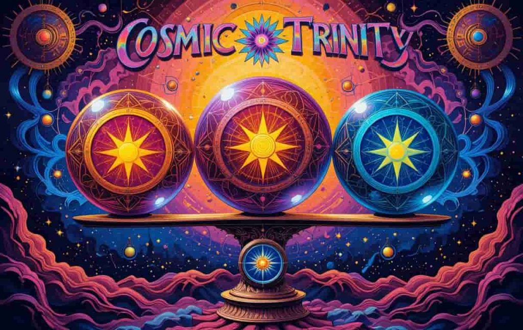 Peter Max-style pop art image of three interconnected spheres with stars inside, representing mind, body, and spirit, with the title "Cosmic Trinity" prominently displayed, surrounded by bold spiritual symbols and a colorful balance scale.