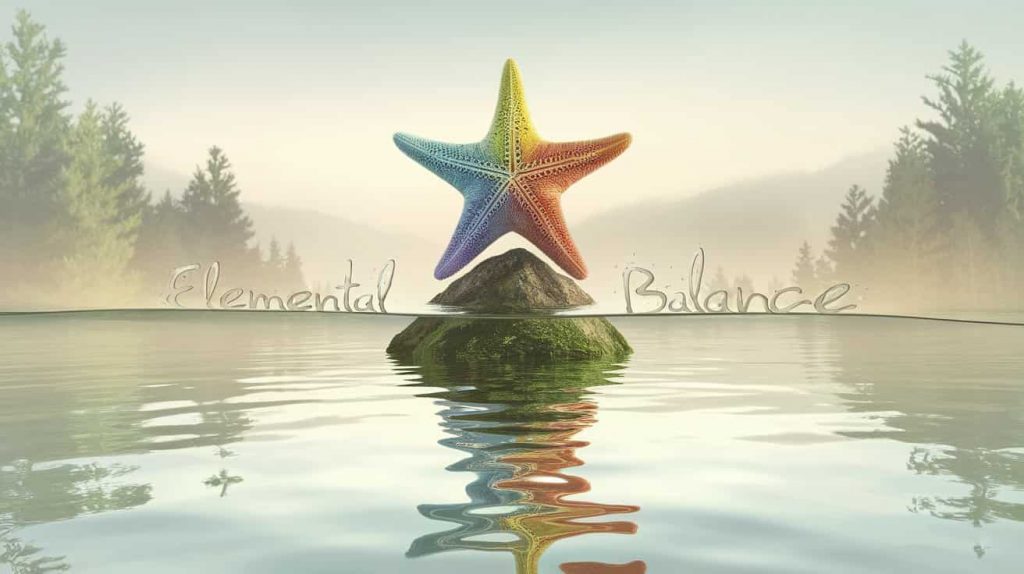 Symmetrical starfish balanced on a rock point in shallow water, each arm a different color representing elements, reflected in calm water to form a complete star, with "Elemental Balance" text subtly integrated into the water's surface.