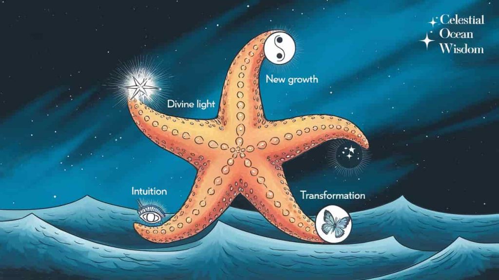 A mystical starfish floating in a cosmic ocean, each arm depicting different spiritual concepts: divine light, regeneration, intuition, balance, and transformation, with "Celestial Ocean Wisdom" text in the corner.