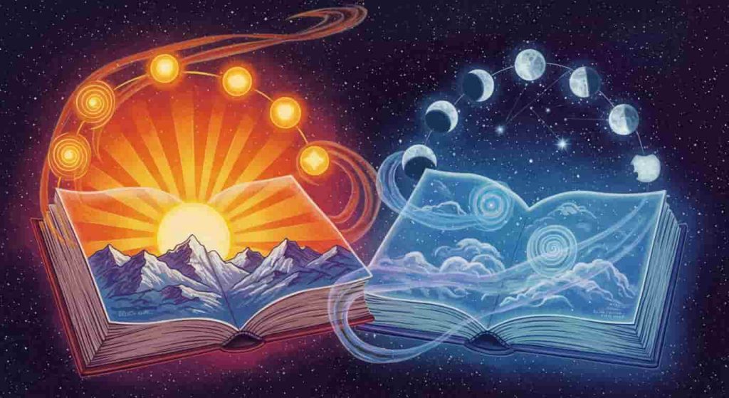 An open book in space with pages transforming into celestial scenes of sun, moon phases, and stars, with energy wisps forming symbols, representing spiritual lessons from celestial bodies.